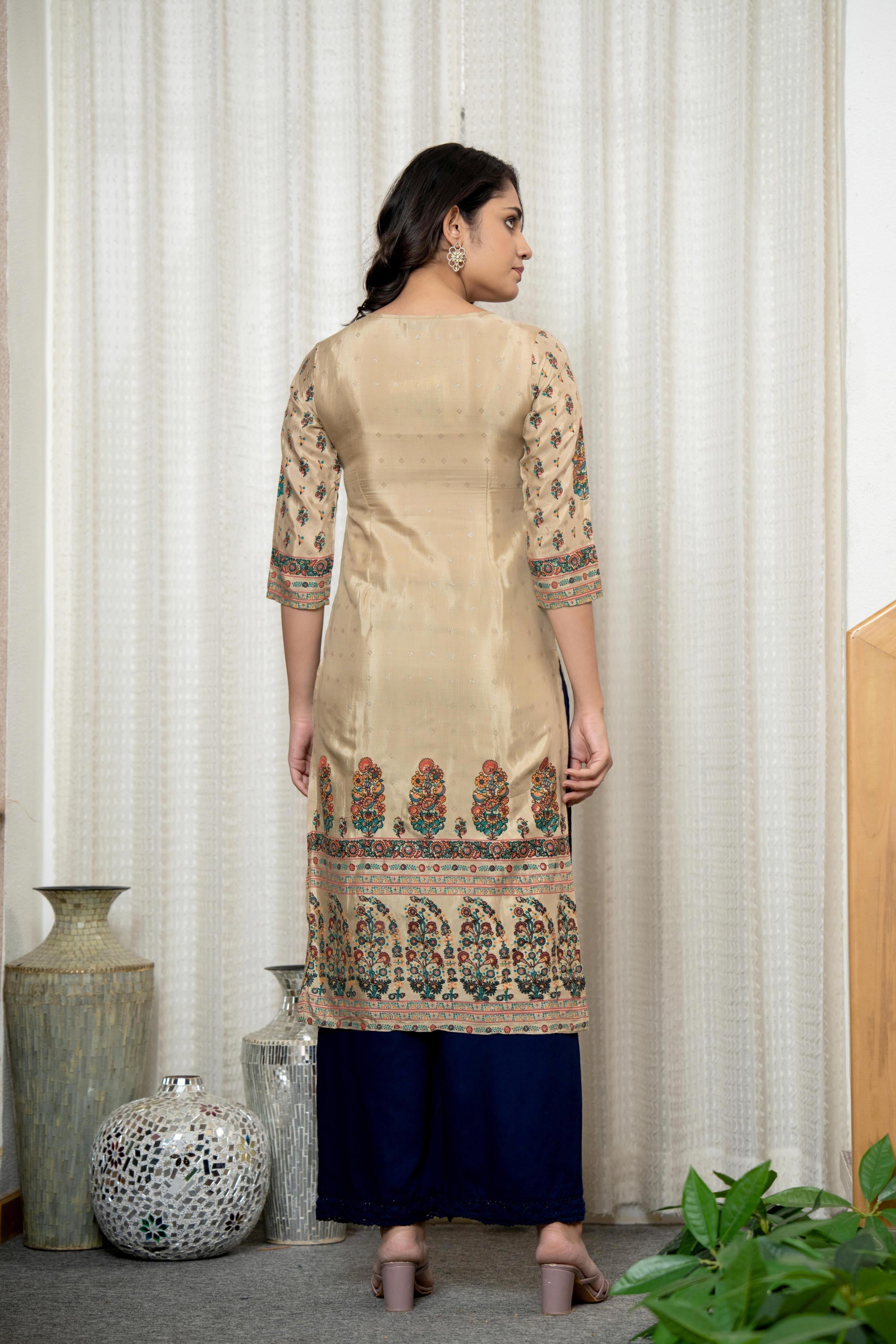 Juniper Beige Floral Printed Viscose Kurta With Beads & Sequins