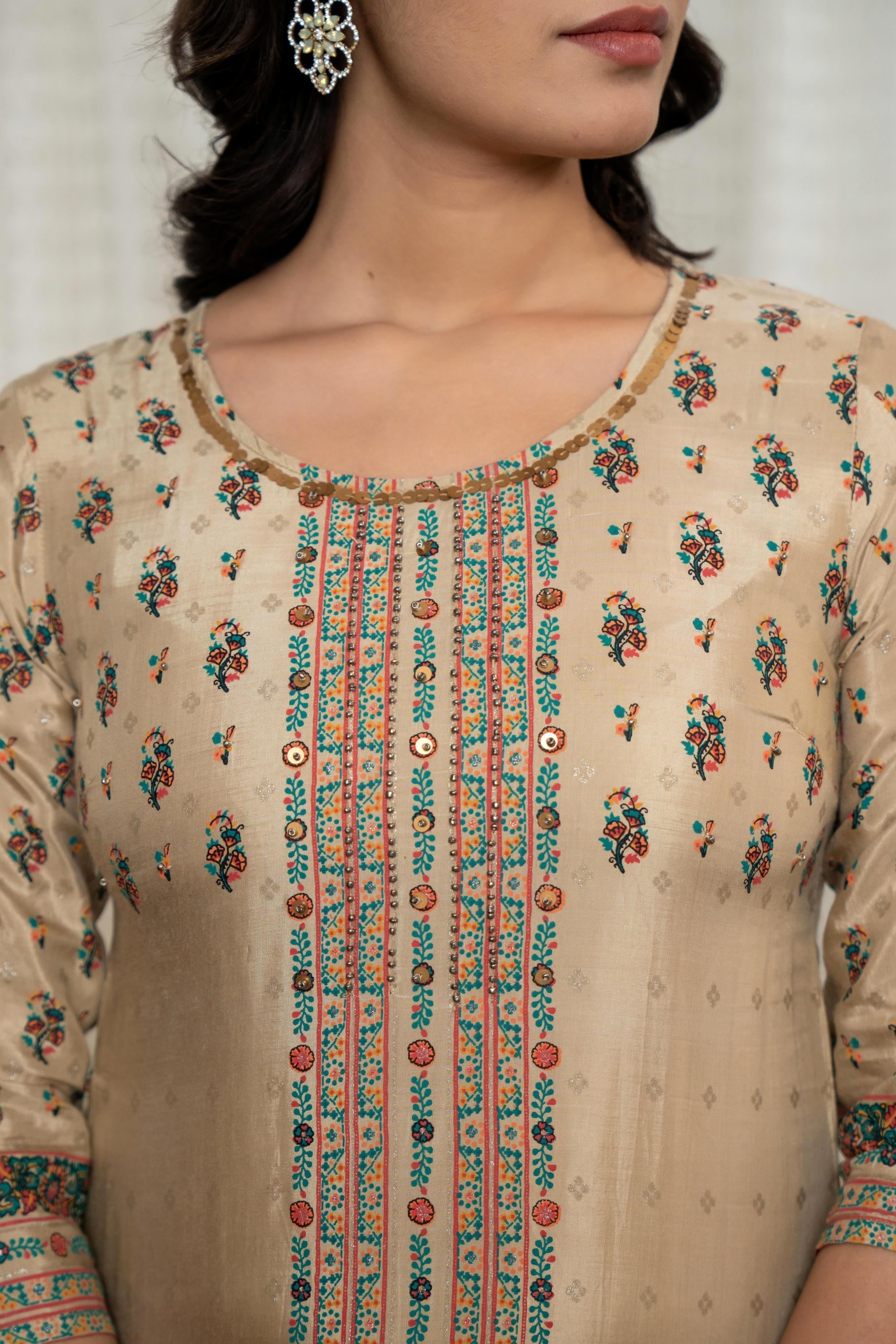 Juniper Beige Floral Printed Viscose Kurta With Beads & Sequins