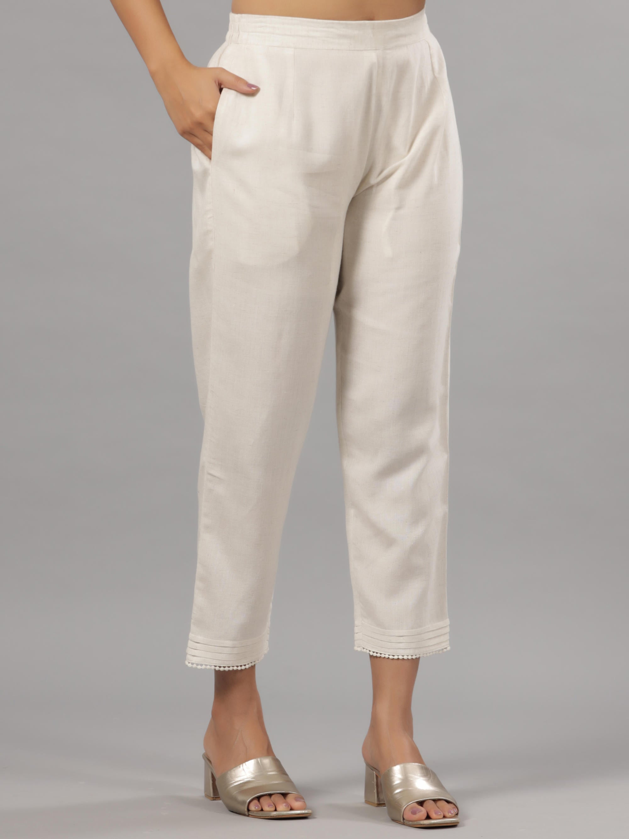 Juniper Natural Solid Liva Rayon Pant With Lace