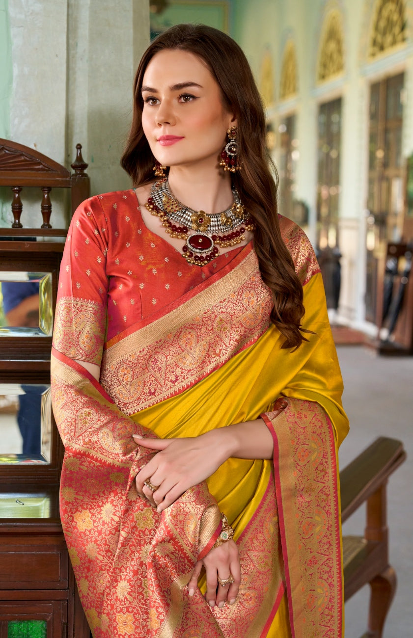 Anaita Yellow Soft Silk Zari Weaving Saree With Blouse Piece