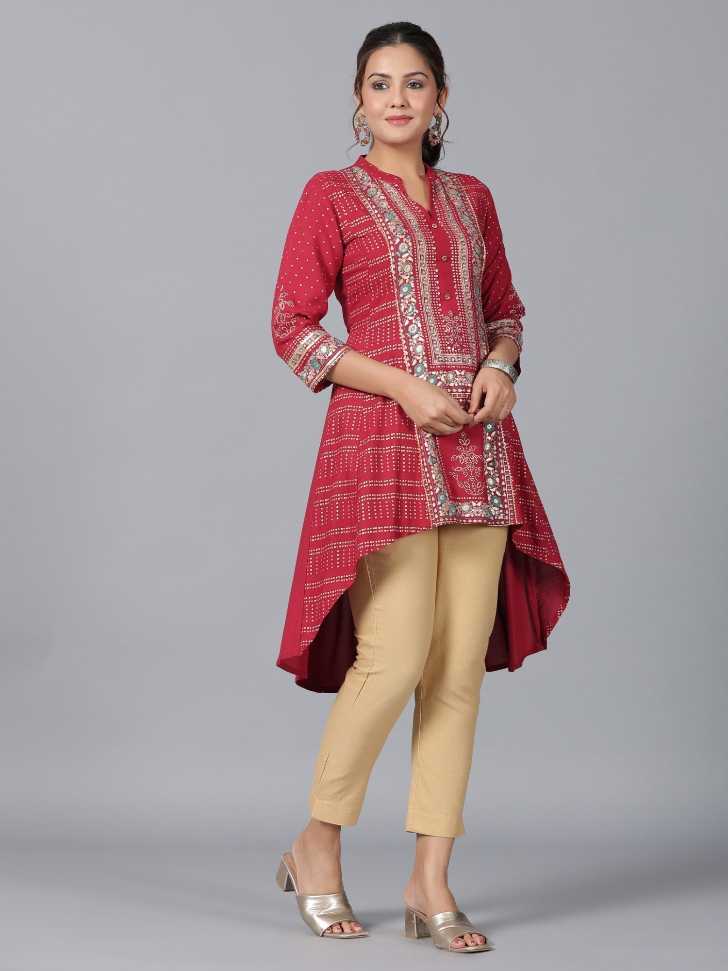 Juniper Women Maroon Liva Rayon Foil Printed High-Low Tunic