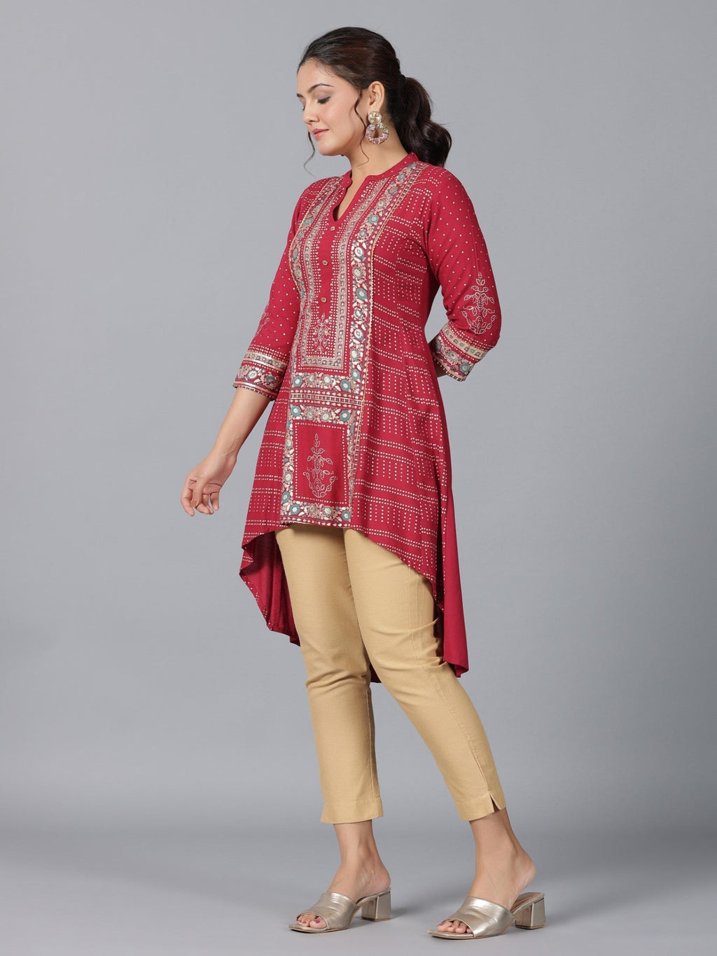 Juniper Women Maroon Liva Rayon Foil Printed High-Low Tunic