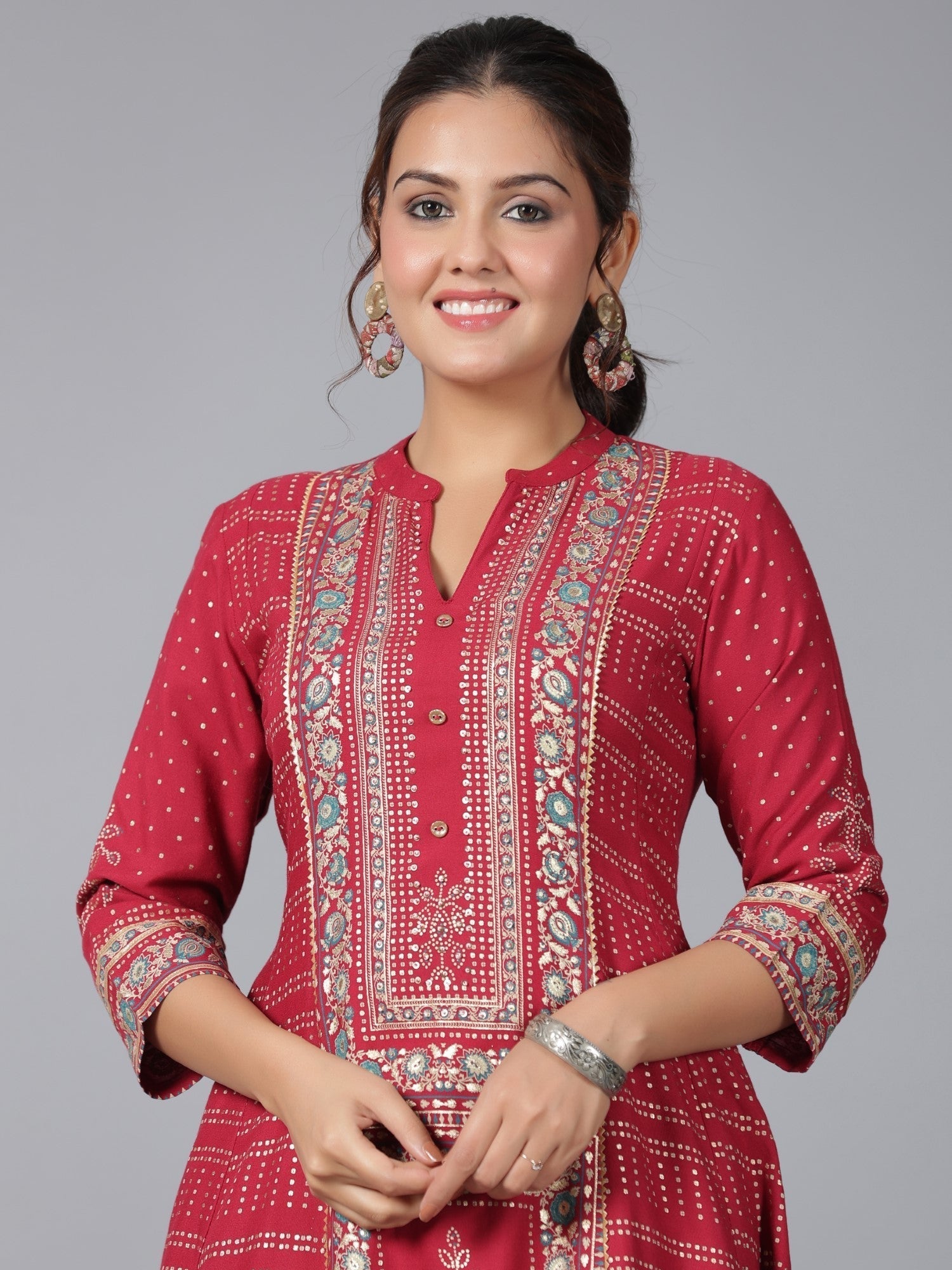 Juniper Women Maroon Liva Rayon Foil Printed High-Low Tunic