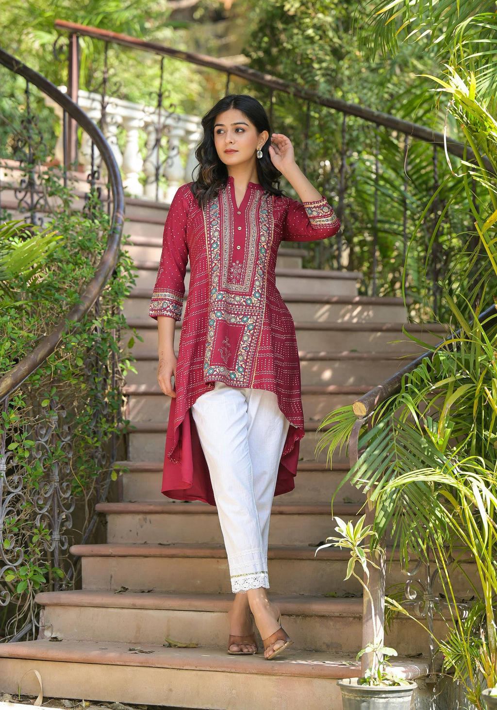 Juniper Maroon Bandhani Printed Liva Rayon Tunic With Sequins & Thread Work