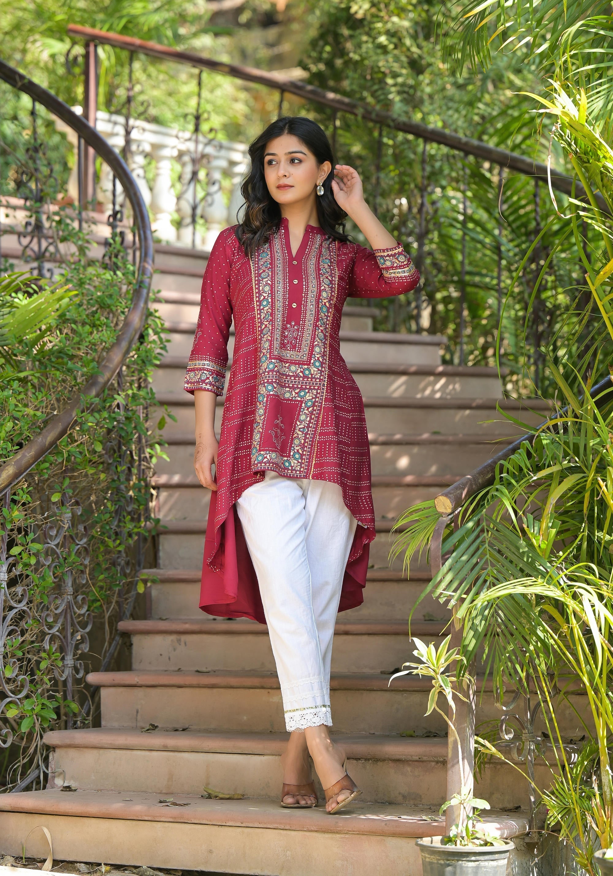 Juniper Maroon Bandhani Printed Liva Rayon Tunic With Sequins & Thread Work