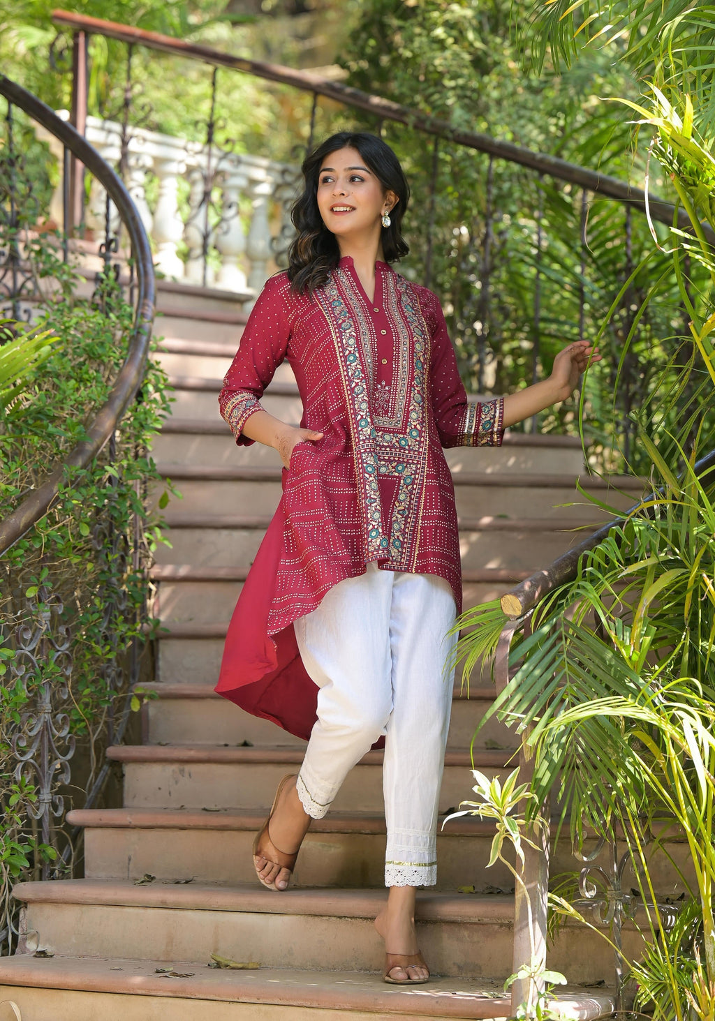 Juniper Maroon Bandhani Printed Liva Rayon Tunic With Sequins & Thread Work