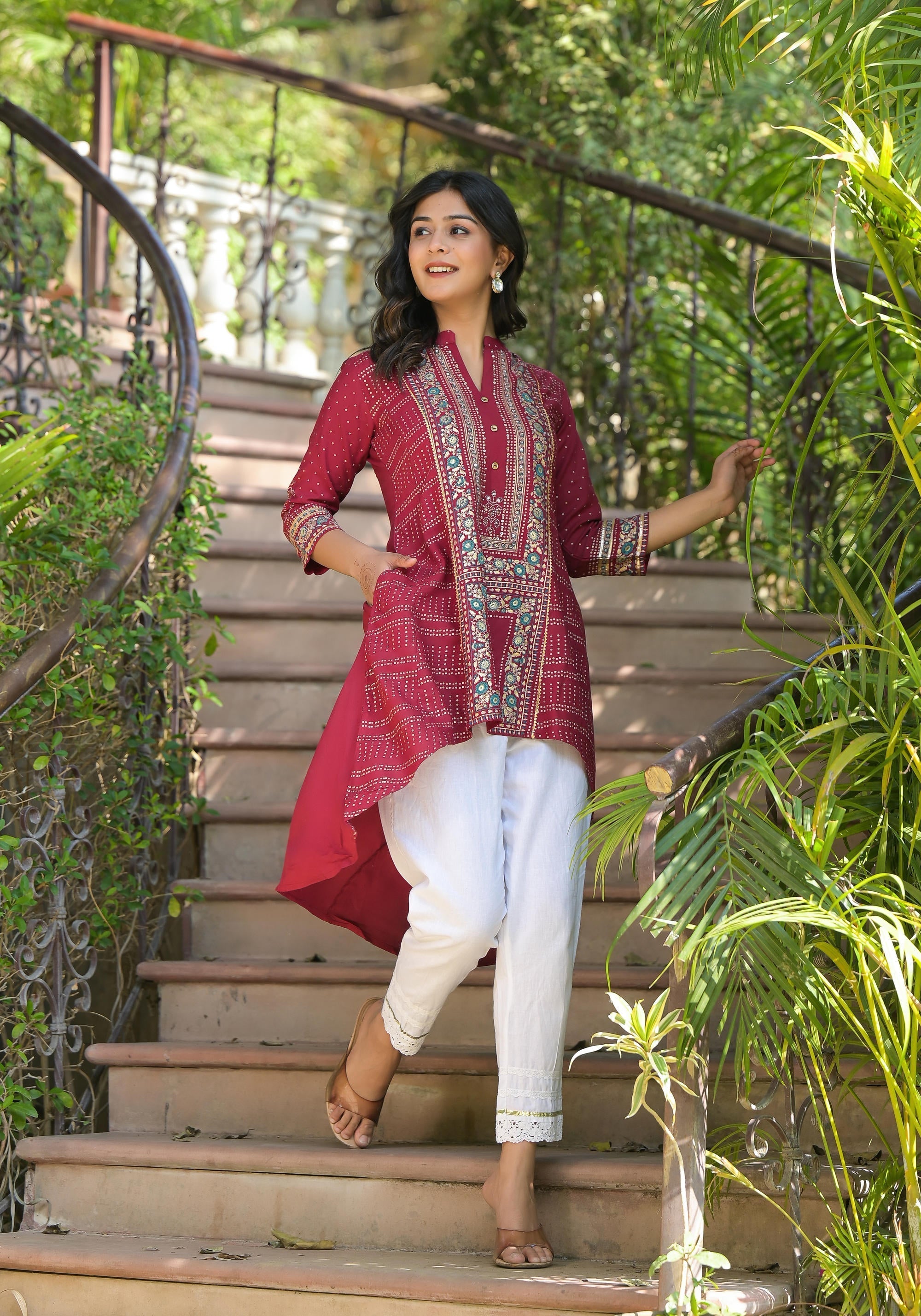 Juniper Maroon Bandhani Printed Liva Rayon Tunic With Sequins & Thread Work