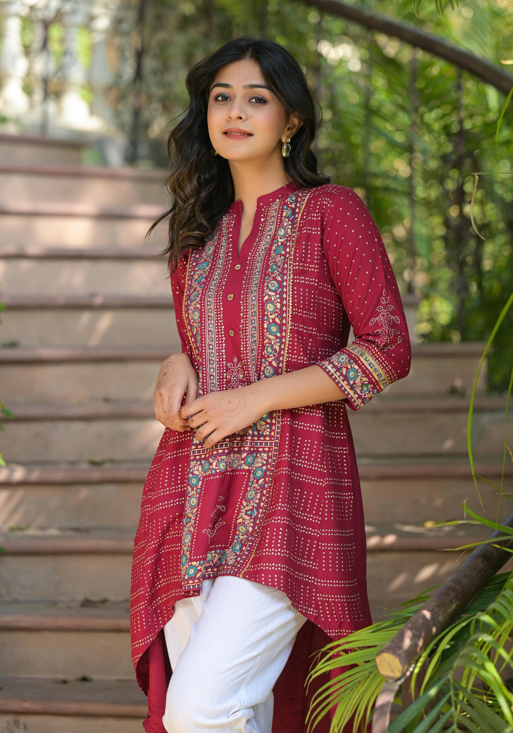 Juniper Maroon Bandhani Printed Liva Rayon Tunic With Sequins & Thread Work