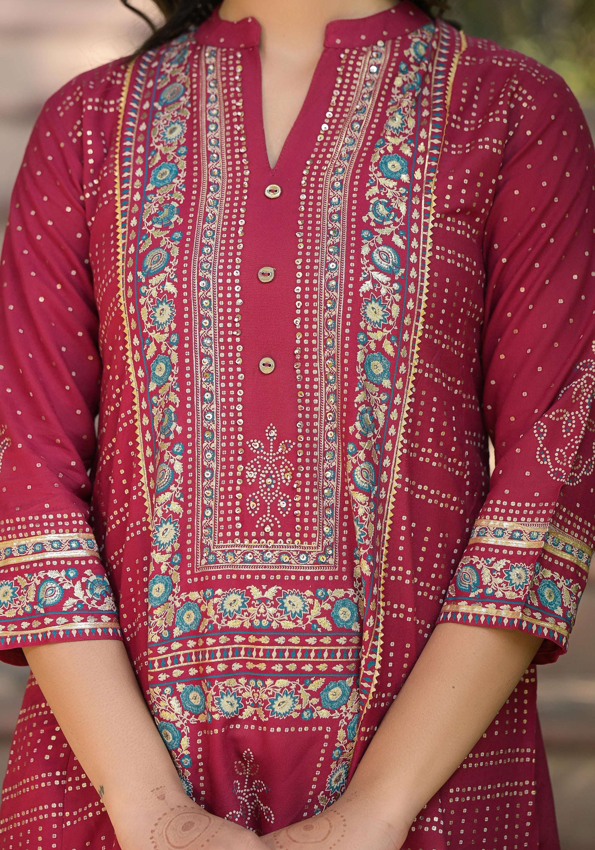 Juniper Maroon Bandhani Printed Liva Rayon Tunic With Sequins & Thread Work