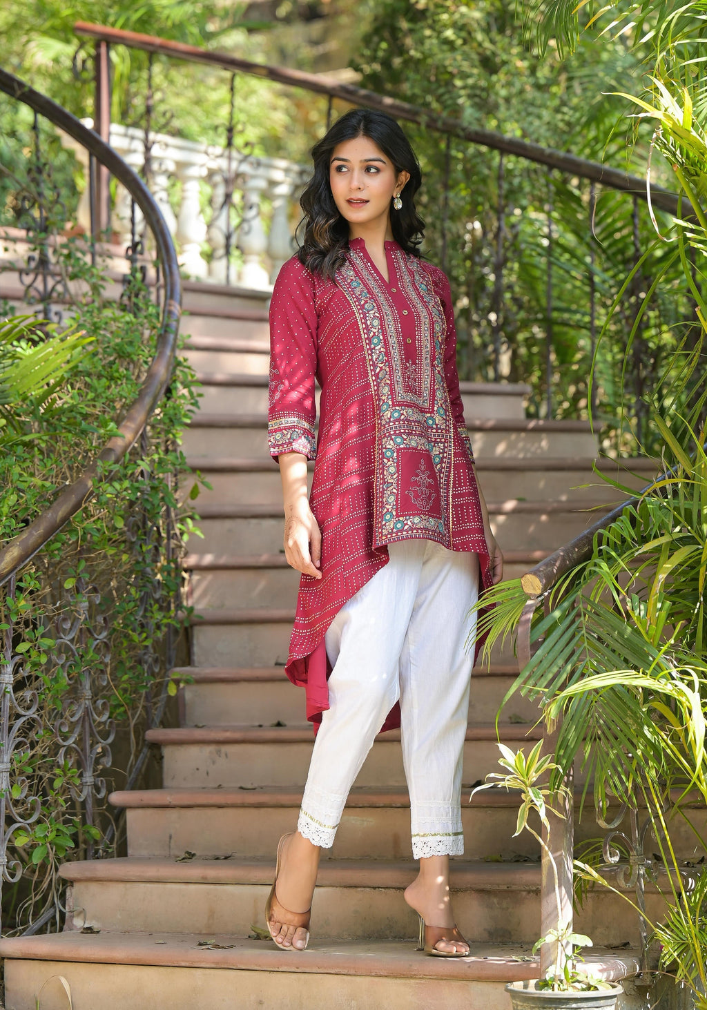 Juniper Maroon Bandhani Printed Liva Rayon Tunic With Sequins & Thread Work