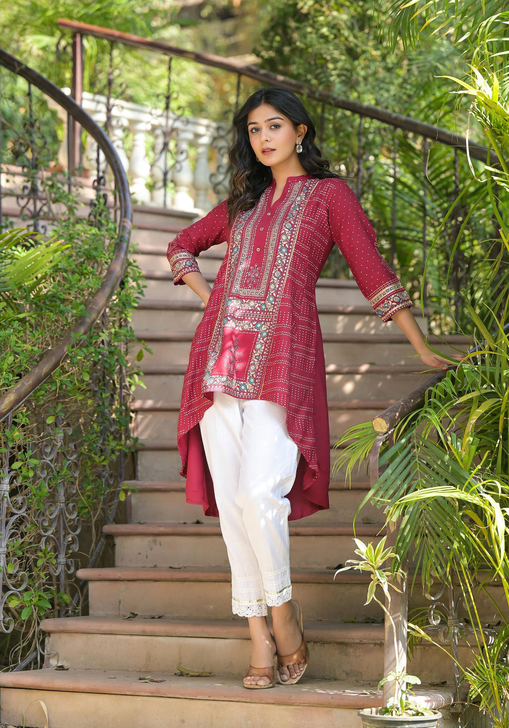 Juniper Maroon Bandhani Printed Liva Rayon Tunic With Sequins & Thread Work