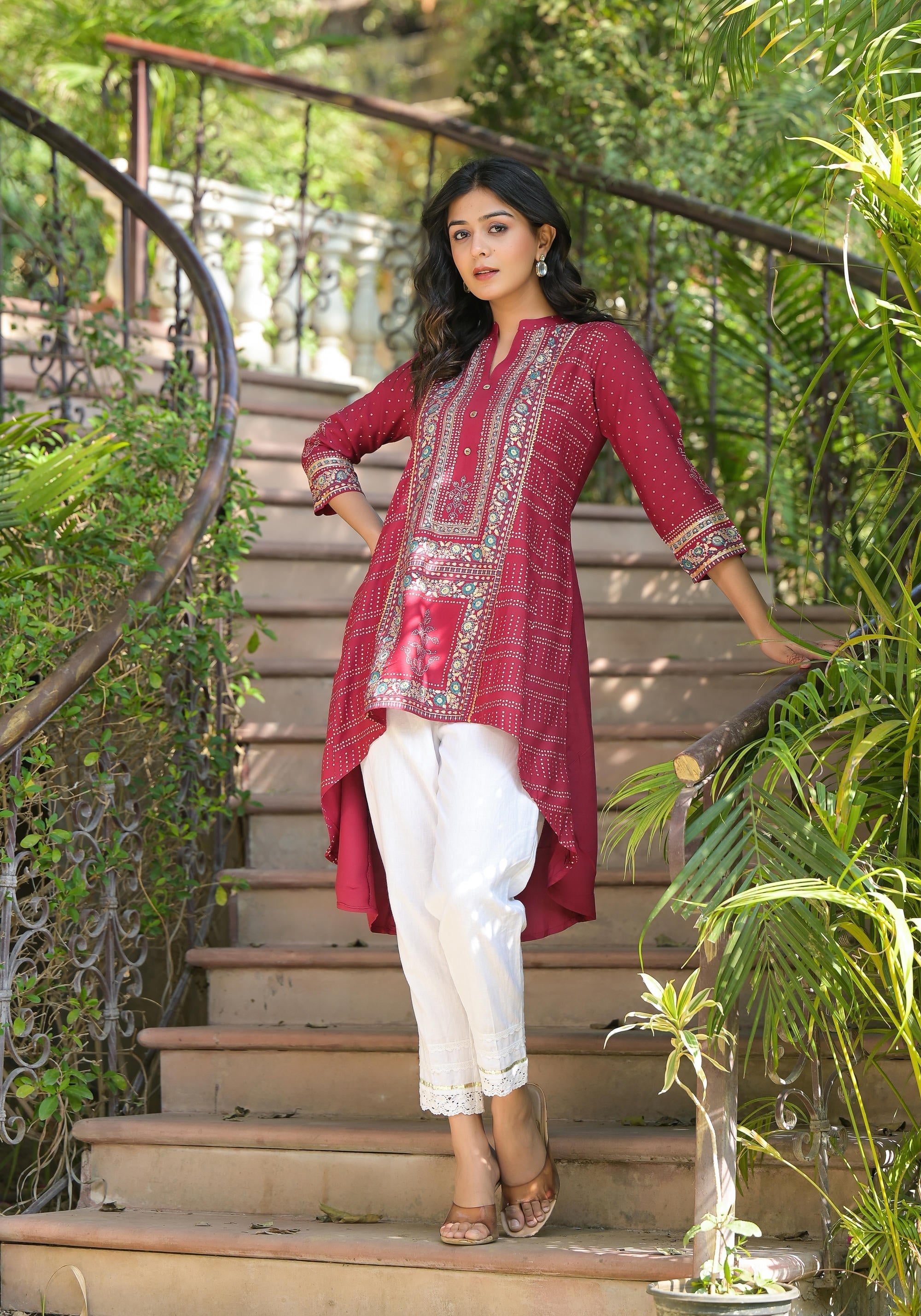 Juniper Maroon Bandhani Printed Liva Rayon Tunic With Sequins & Thread Work