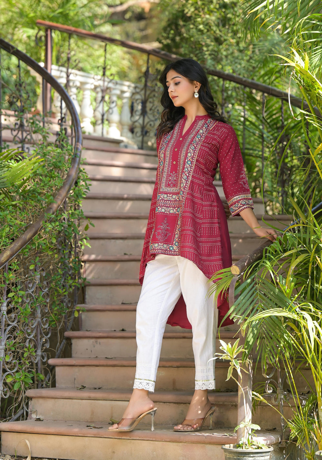 Juniper Maroon Bandhani Printed Liva Rayon Tunic With Sequins & Thread Work