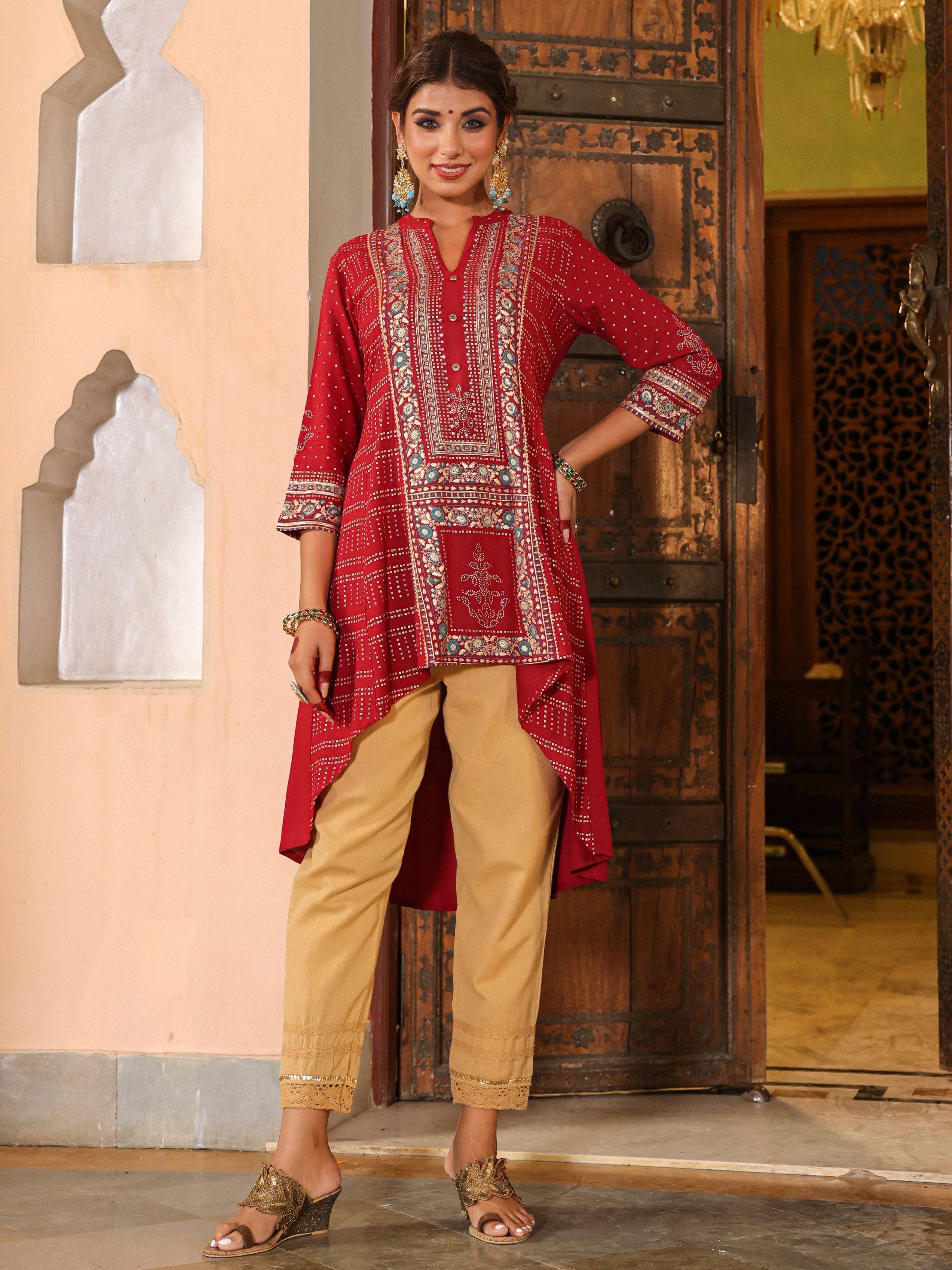 Juniper Women Maroon Liva Rayon Foil Printed High-Low Tunic