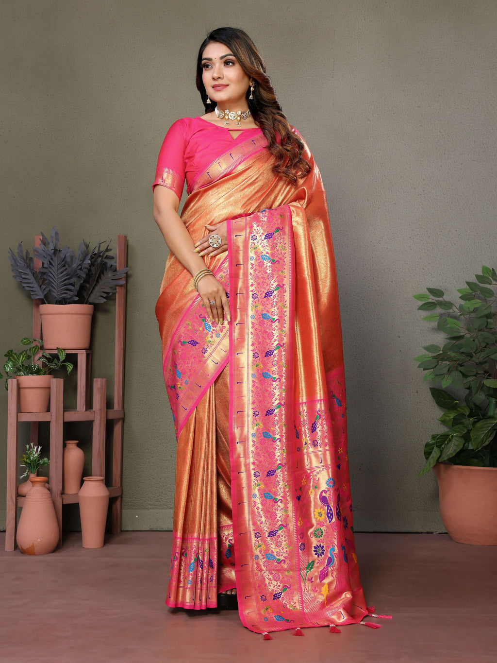 Aastha Fashion Orange Tissue Silk Paithani Woven Saree