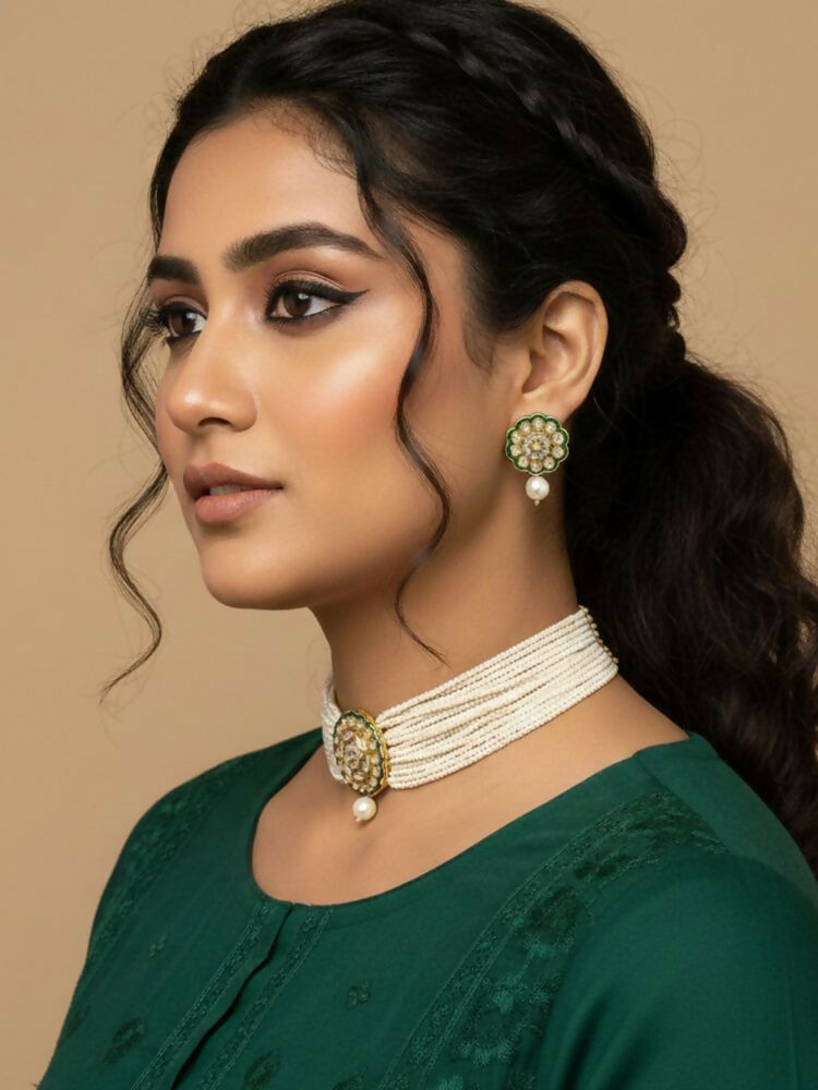 NVR Women Gold Plated White Kundan Jewellery Set