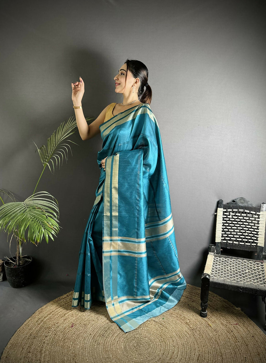 Joban Fashion Turquoise Woven Pattern Raw Silk Kanjivaram Silk Saree