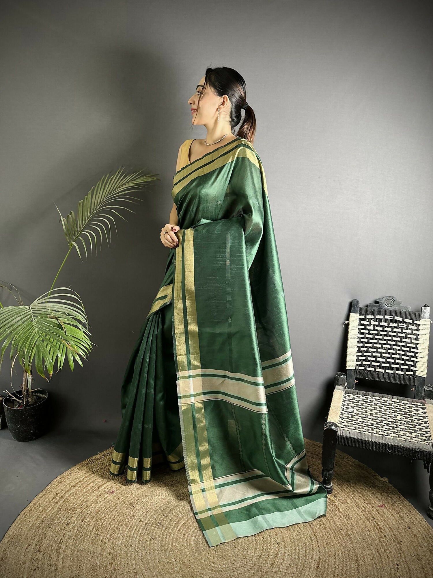 Joban Fashion Green Woven Pattern Raw Silk Kanjivaram Silk Saree