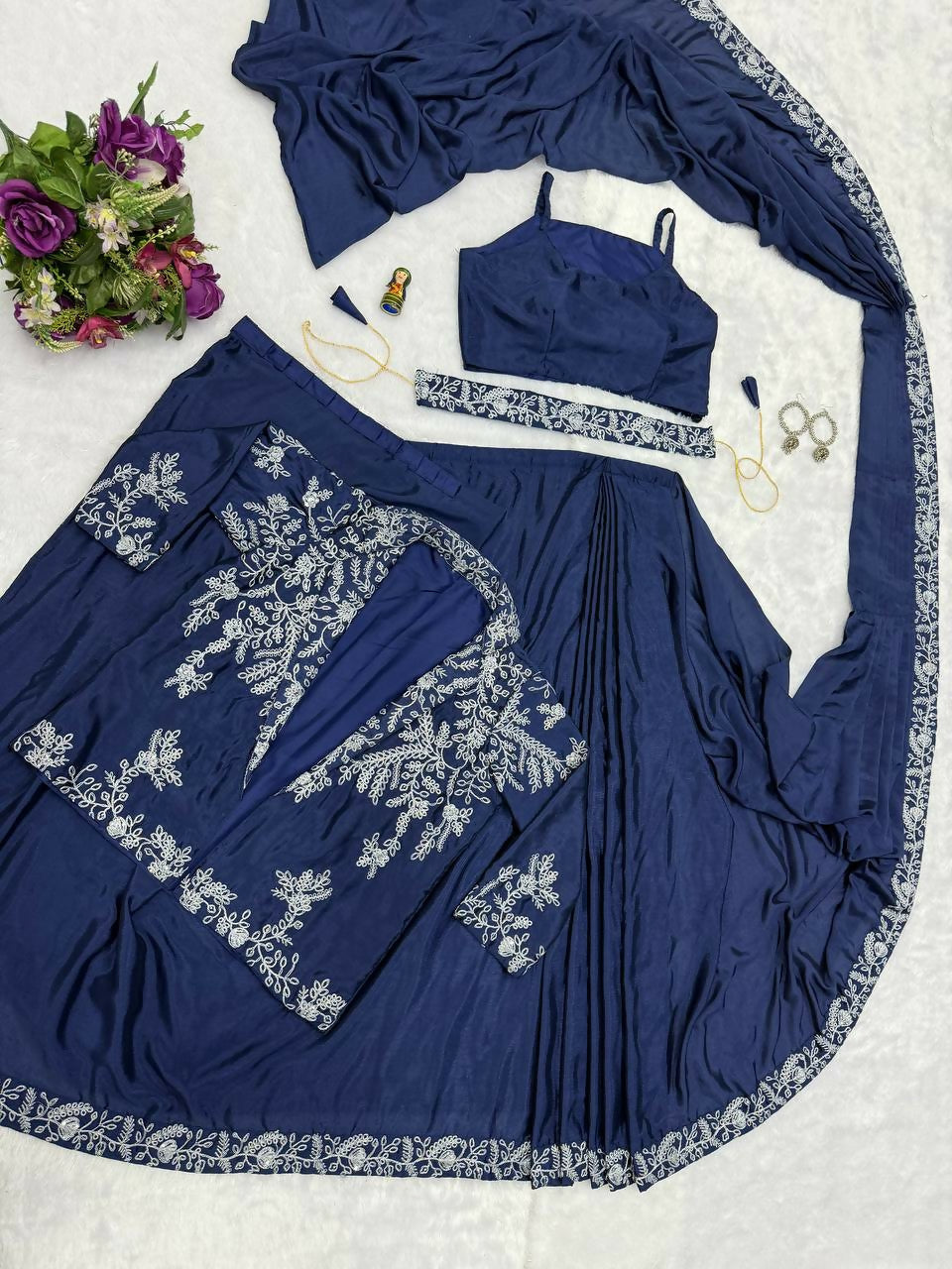 Teeya Creation Blue Color Chinon Silk Wedding Wear Ready To Wear Saree With Koti