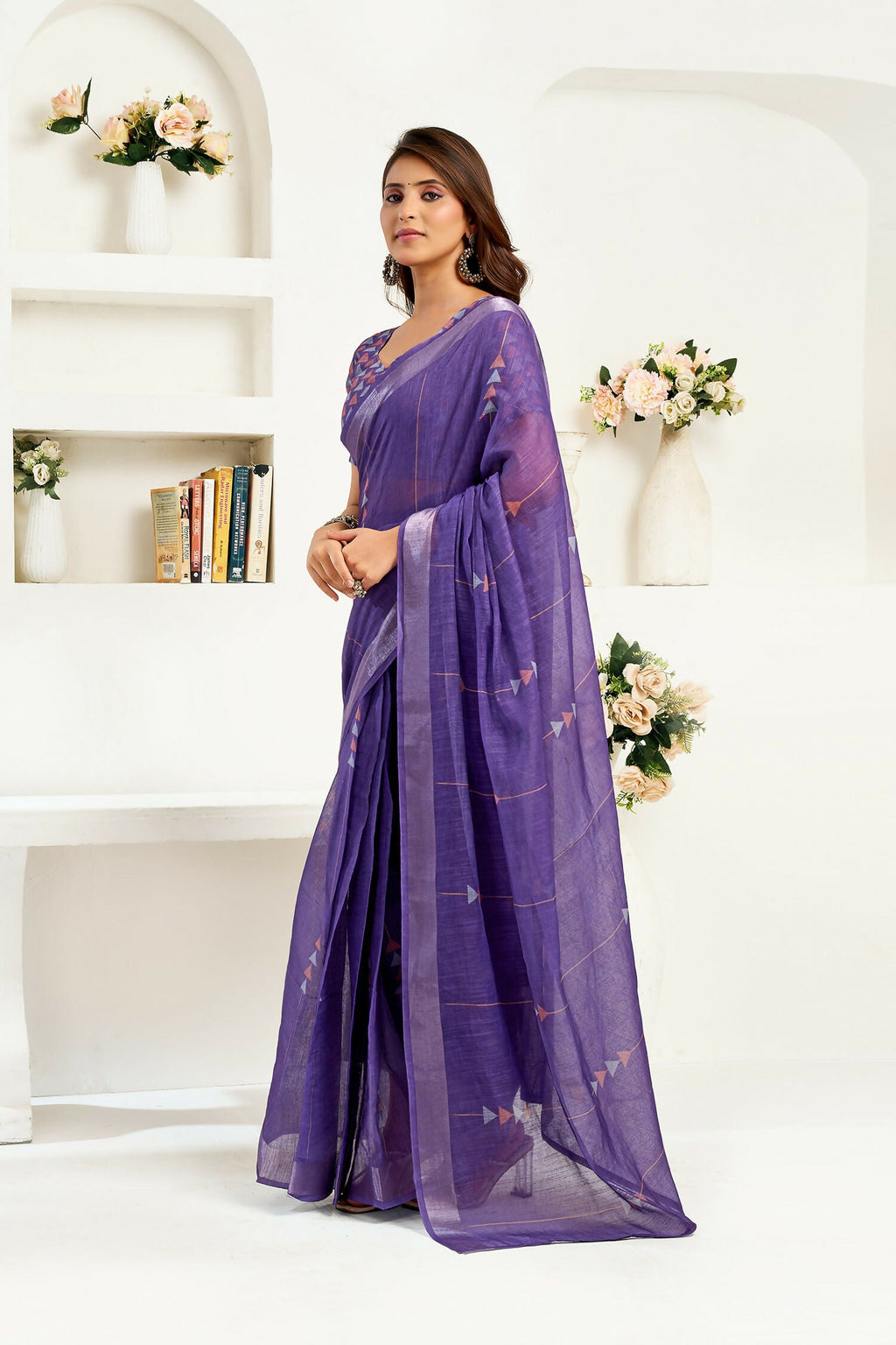 Joban Fashion Purple Geomatric Linen Ready To Wear Saree With Unstitched Blouse