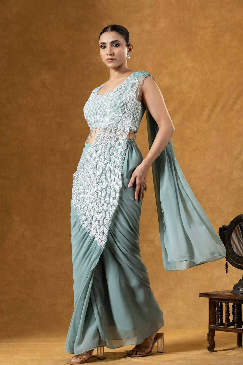 Teeya Creation Teal Color Faux Georgette Embroidery Work Party Wear Ready To Wear Saree