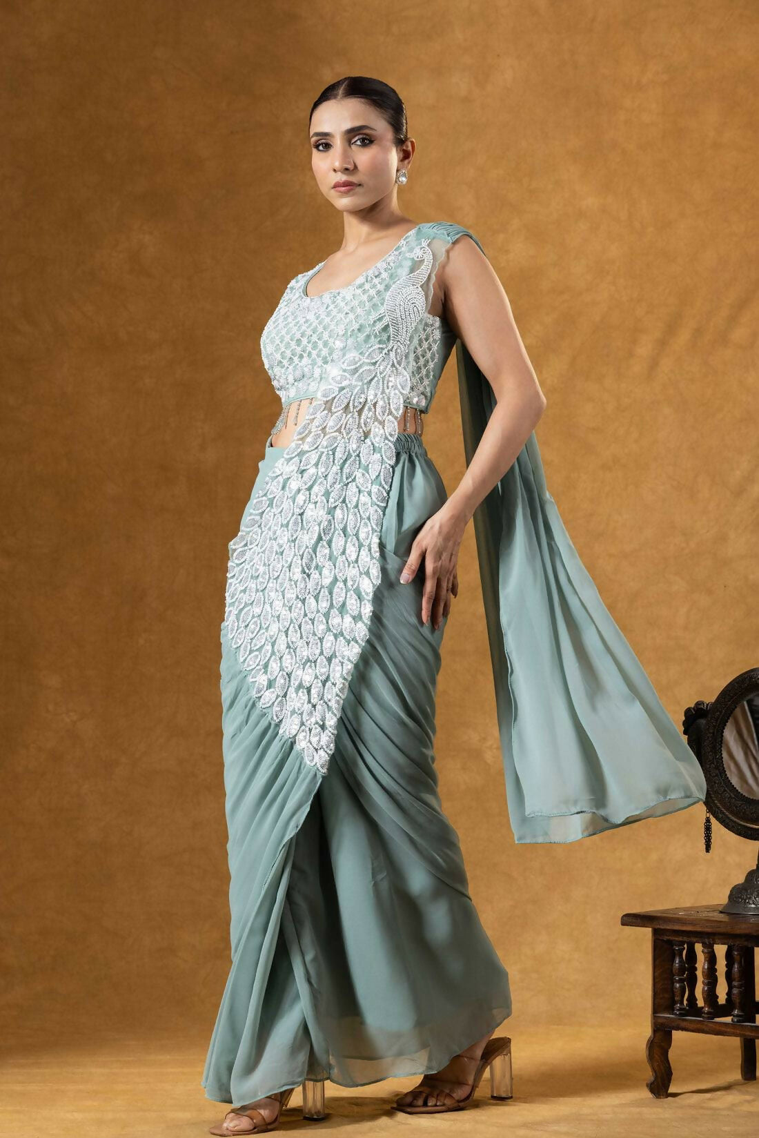 Teeya Creation Teal Color Faux Georgette Embroidery Work Party Wear Ready To Wear Saree