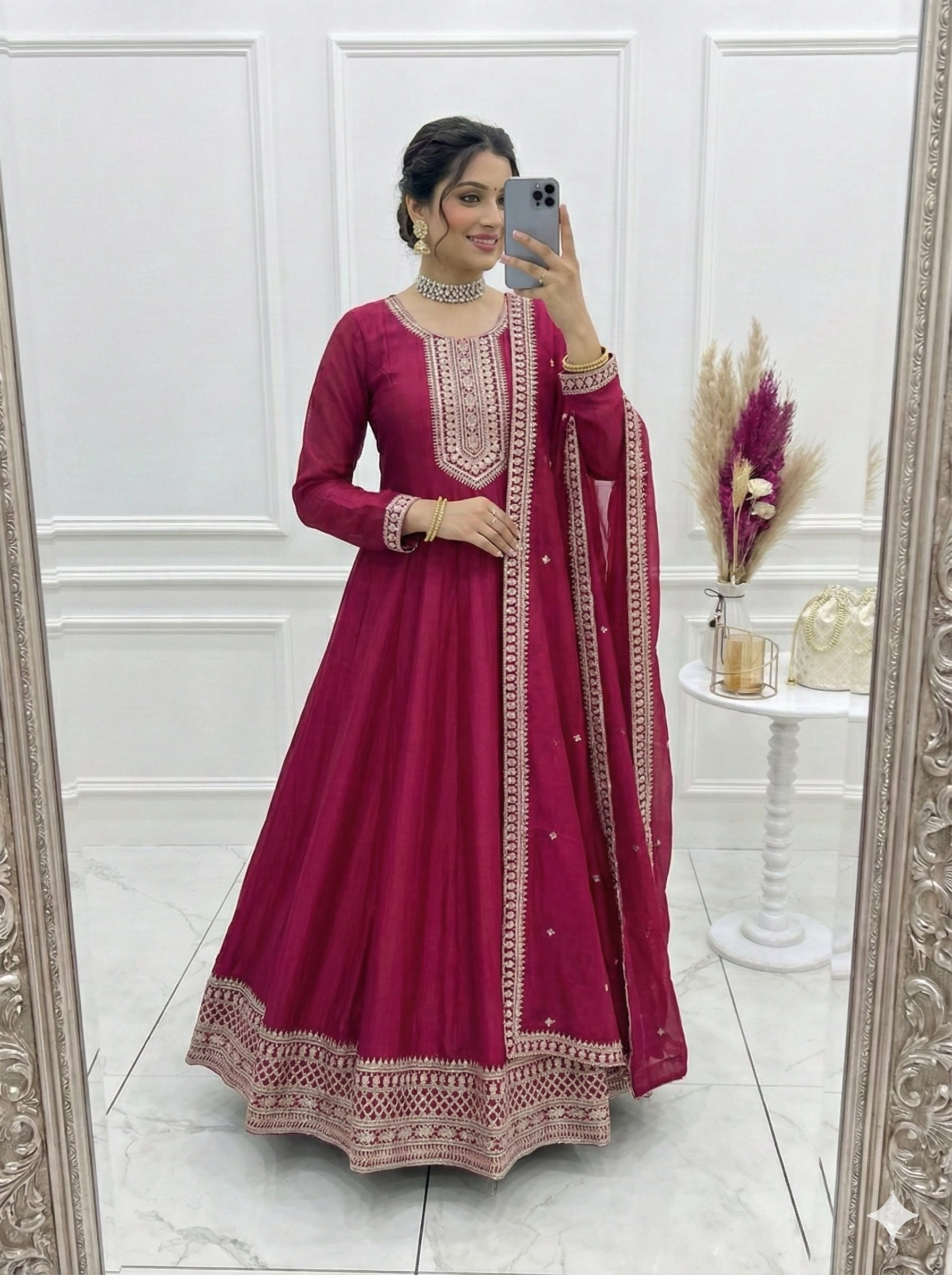 Teeya Creation Dark Rani Color Vichitra Silk Embroidery Work Party Wear Long Gown