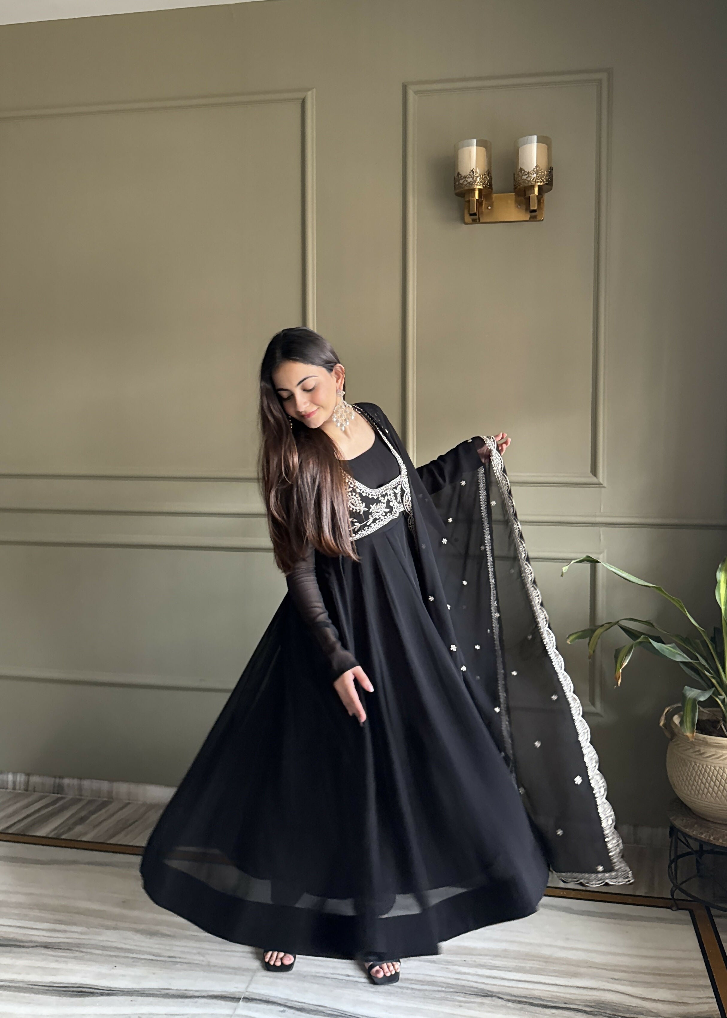 Lehenga Mart Designer Anarkali Suit With Kurta, Pant, Dupatta For Women-Black