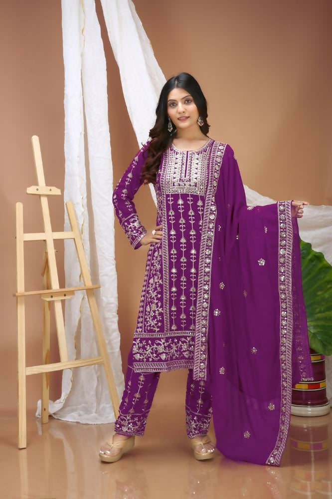 Lehenga Mart Designer Salwar Suit With Kurta, Pant, Dupatta For Women-Purple