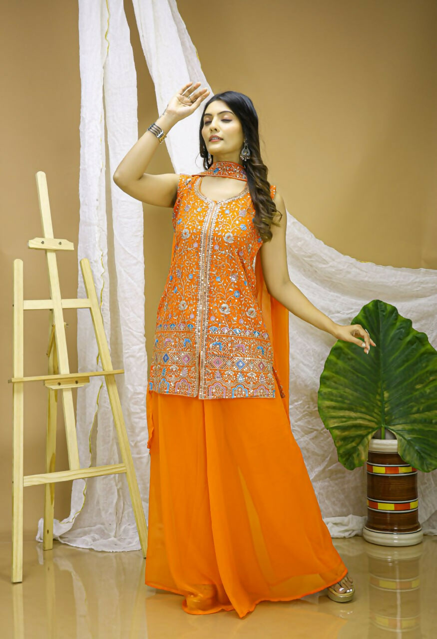 Joban Fashion Orange Georgette Embroidered Sharara Set
