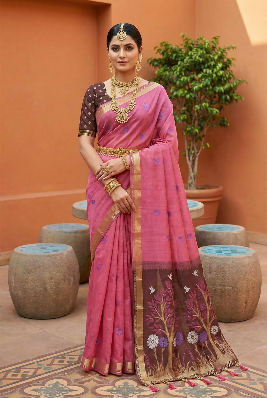 Vastranavya Pink Muga Cotton Meenakari & Azarakh Pallu Saree with Contrast Blouse