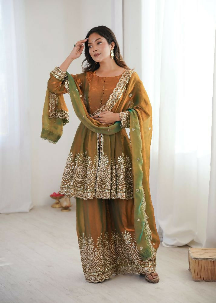 Teeya Creation Olive Color Fendy Satin Silk Embroidery Work Party Wear Salwar Suit