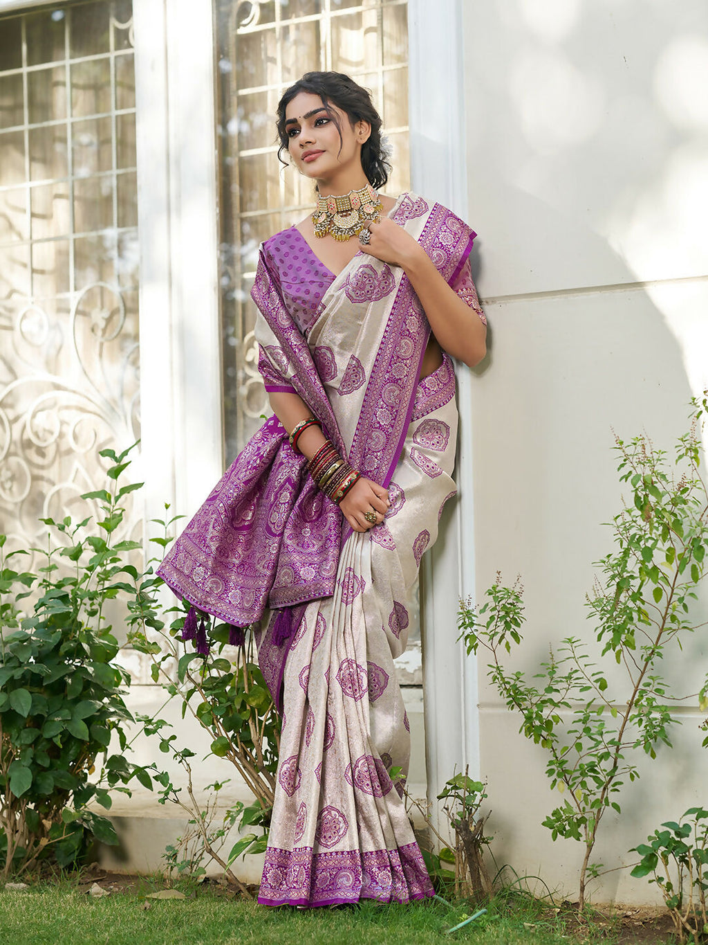Shree Shyam Fashion Cream With Purple Silk Blend Saree