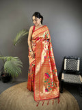 Joban Fashion Reddish Pink Floral & Leaf Soft Silk Paithani Saree