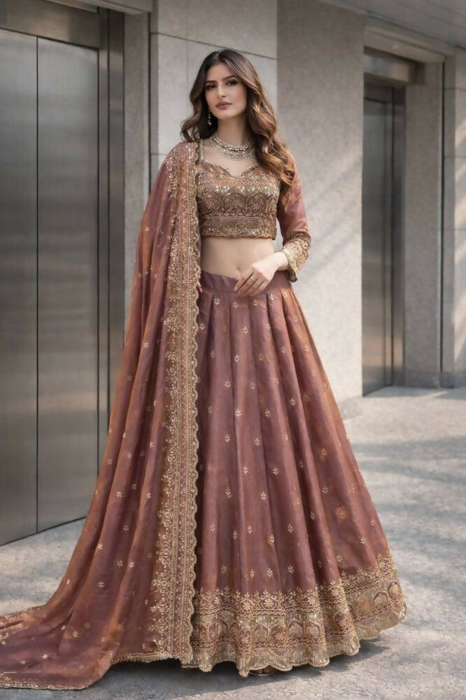Teeya Creation Onion Color Fendy Satin Heavy Embroidery Work Wedding Wear Stitched Lehenga Choli