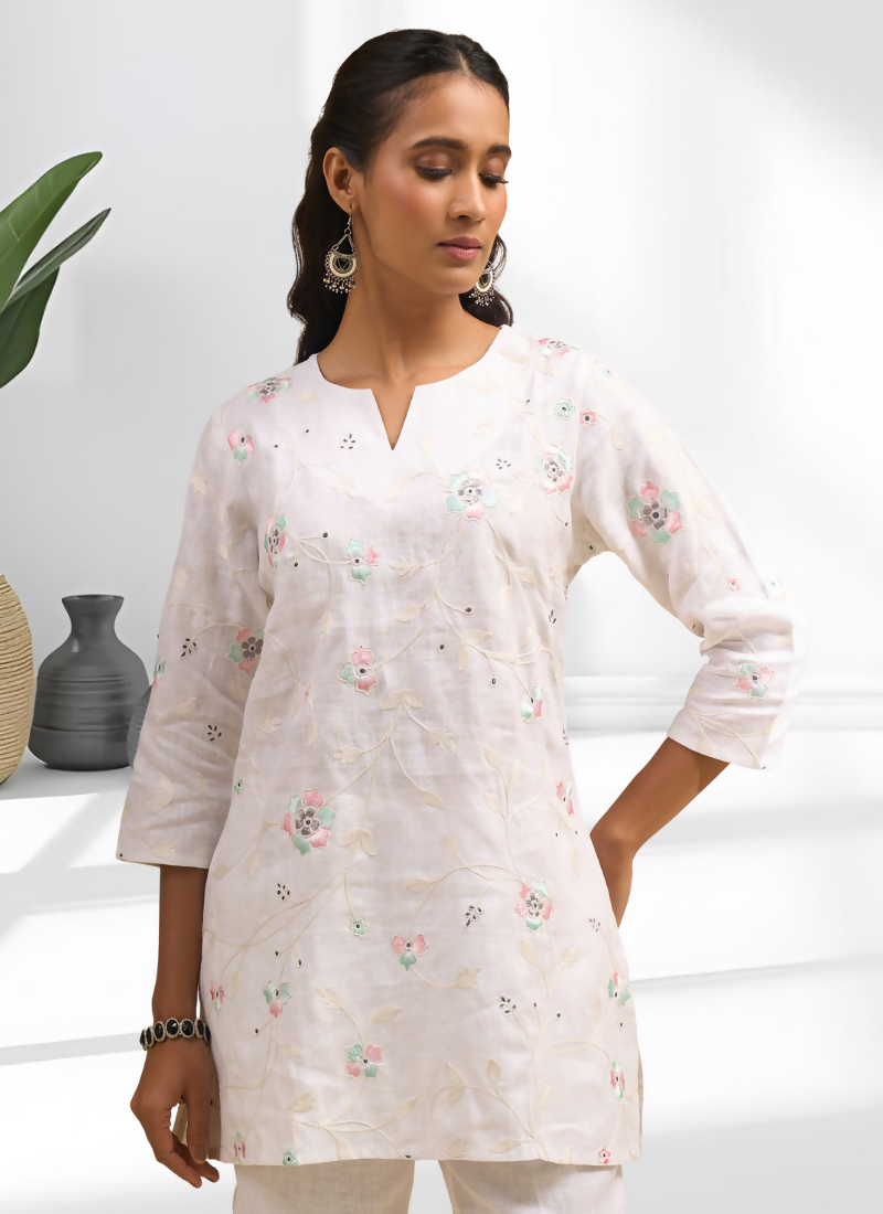 Joban Fashion Off White Linen Embroidered Readymade Cord Set