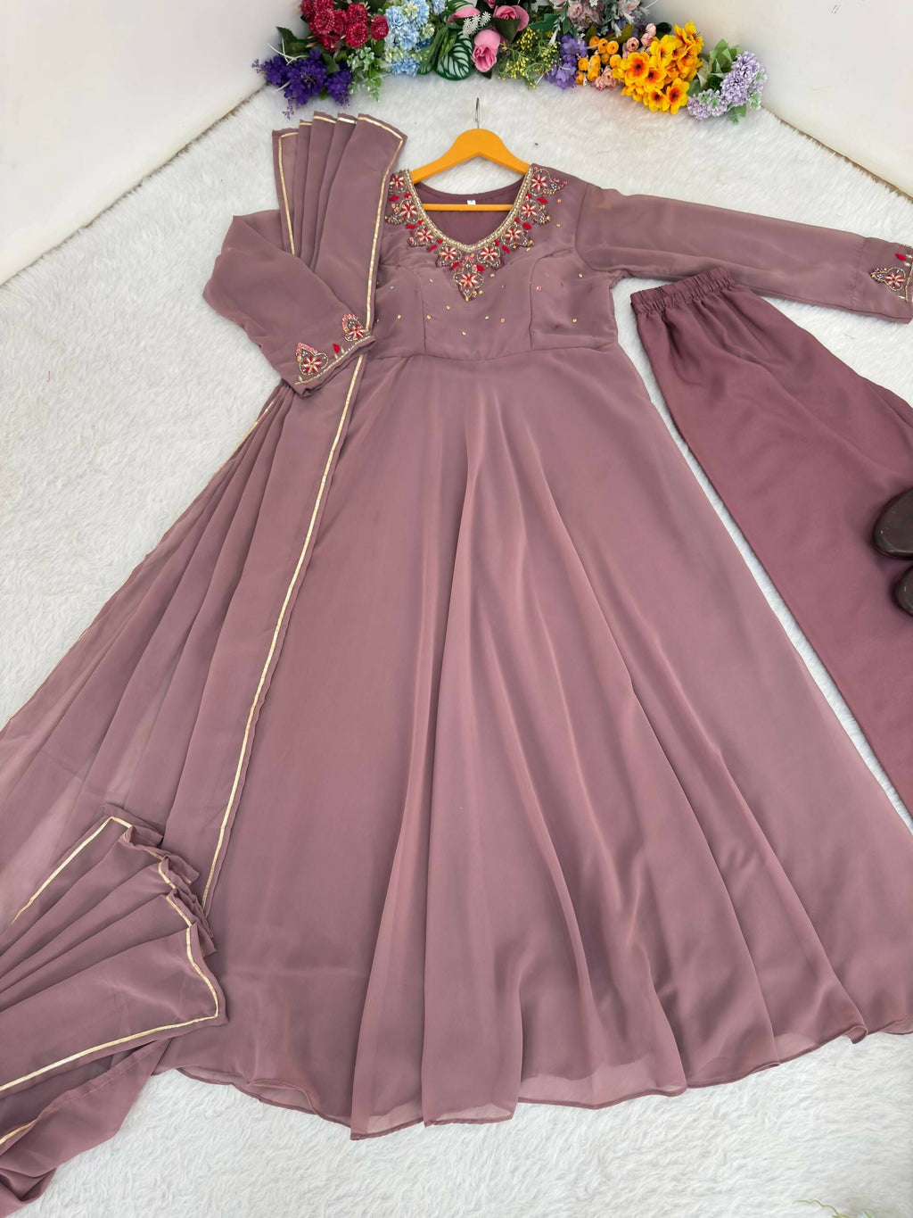 Teeya Creation Womens New Fancy Fox Georgette Heavy Quality Fabric With Handwork Gown Set