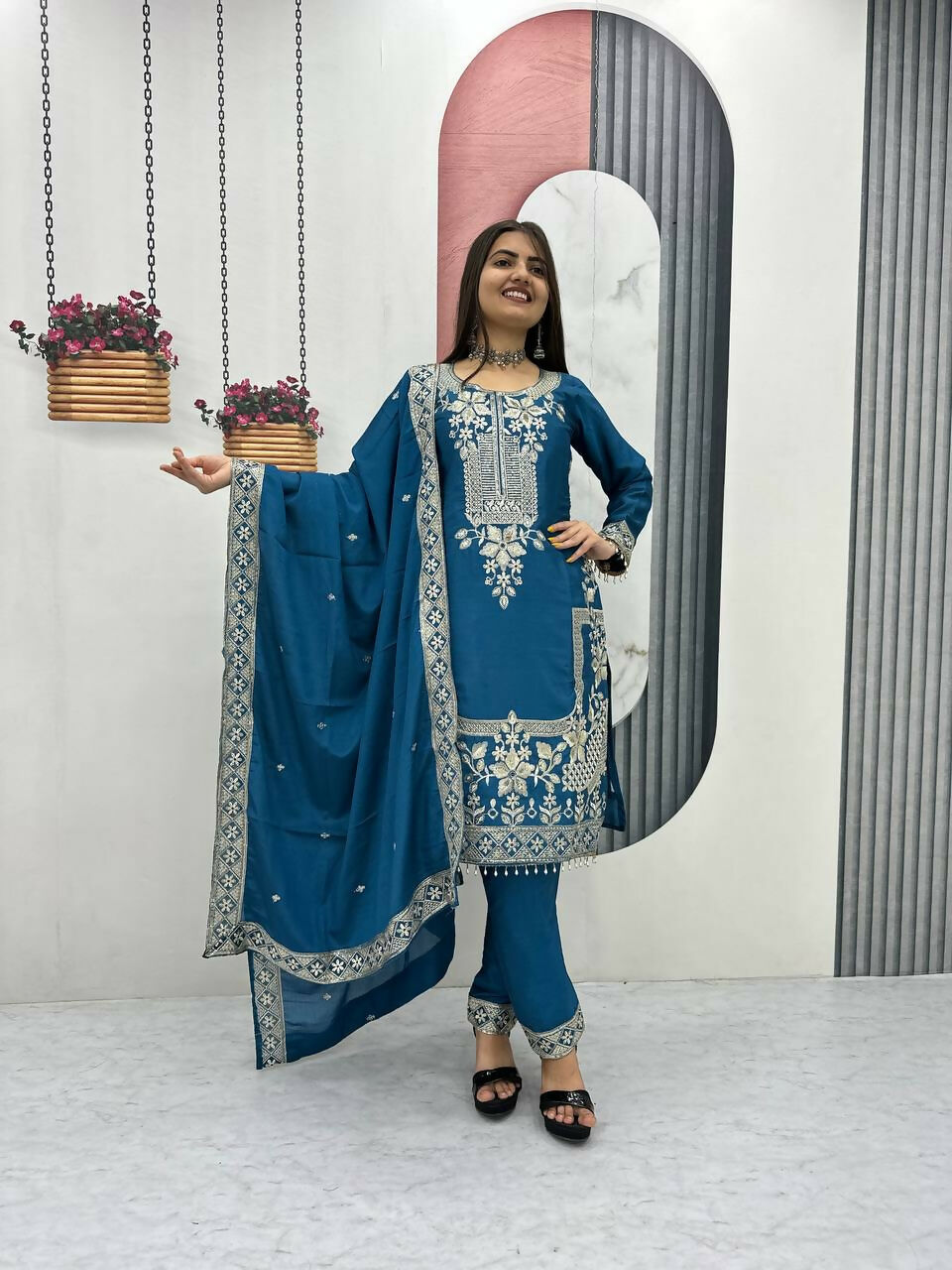 Teeya Creation Womens New Wedding Wear Heavy Embroidery Thread Work Teal Kurta Set