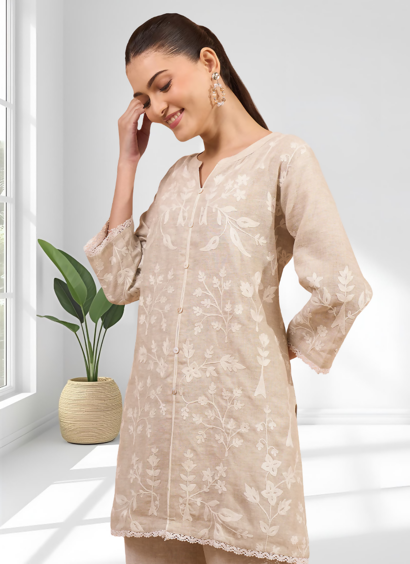 Joban Fashion Beige Linen Embroidered Readymade Cord Set