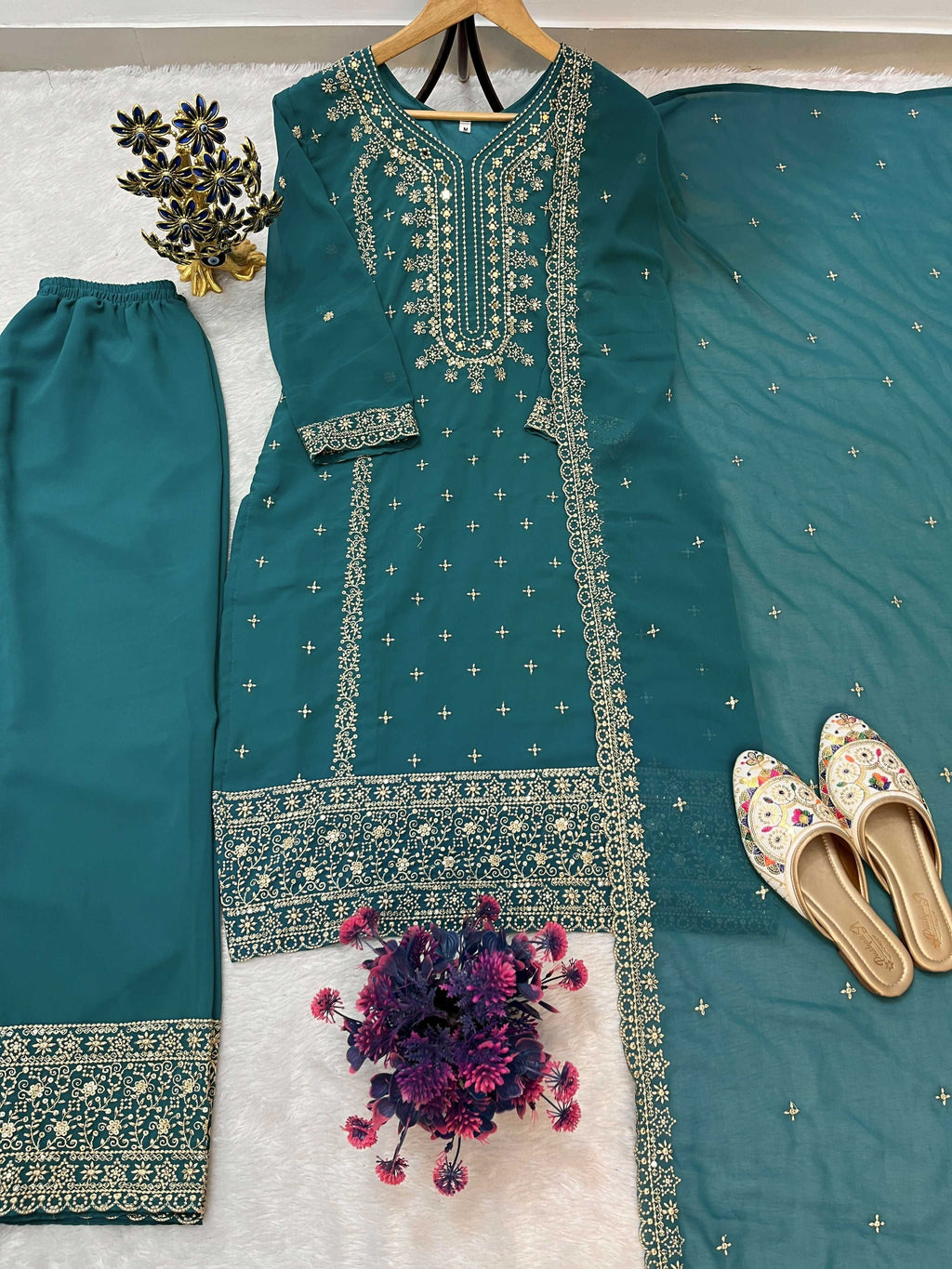 Teeya Creation Teal Color Faux Georgette Embroidery Work Party Wear Salwar Suit