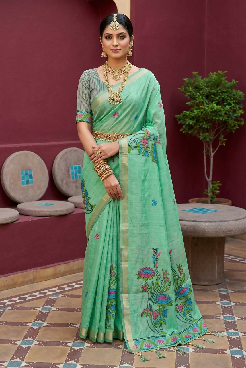 Vastranavya Turquoise Muga Cotton Meenakari & Azarakh Pallu Saree with Contrast Blouse