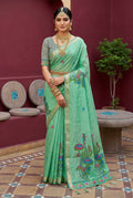 Vastranavya Turquoise Muga Cotton Meenakari & Azarakh Pallu Saree with Contrast Blouse