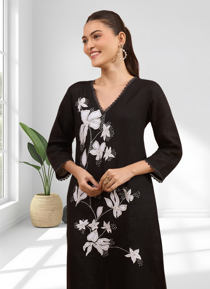 Joban Fashion Black Linen Embroidered Readymade Long Kurta With Pant