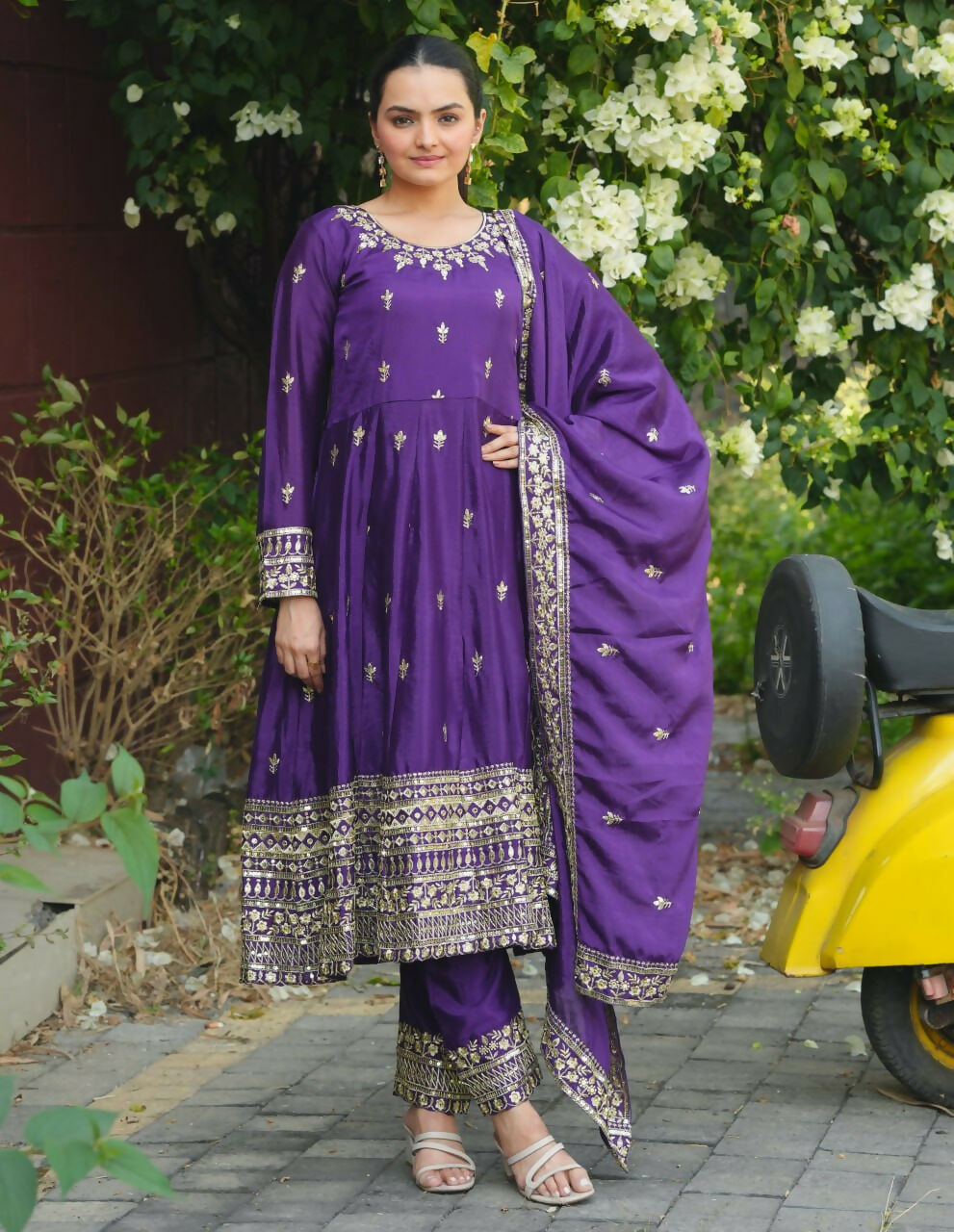 Teeya Creation Purple Color Chinon Silk Embroidery Work Long Gown
