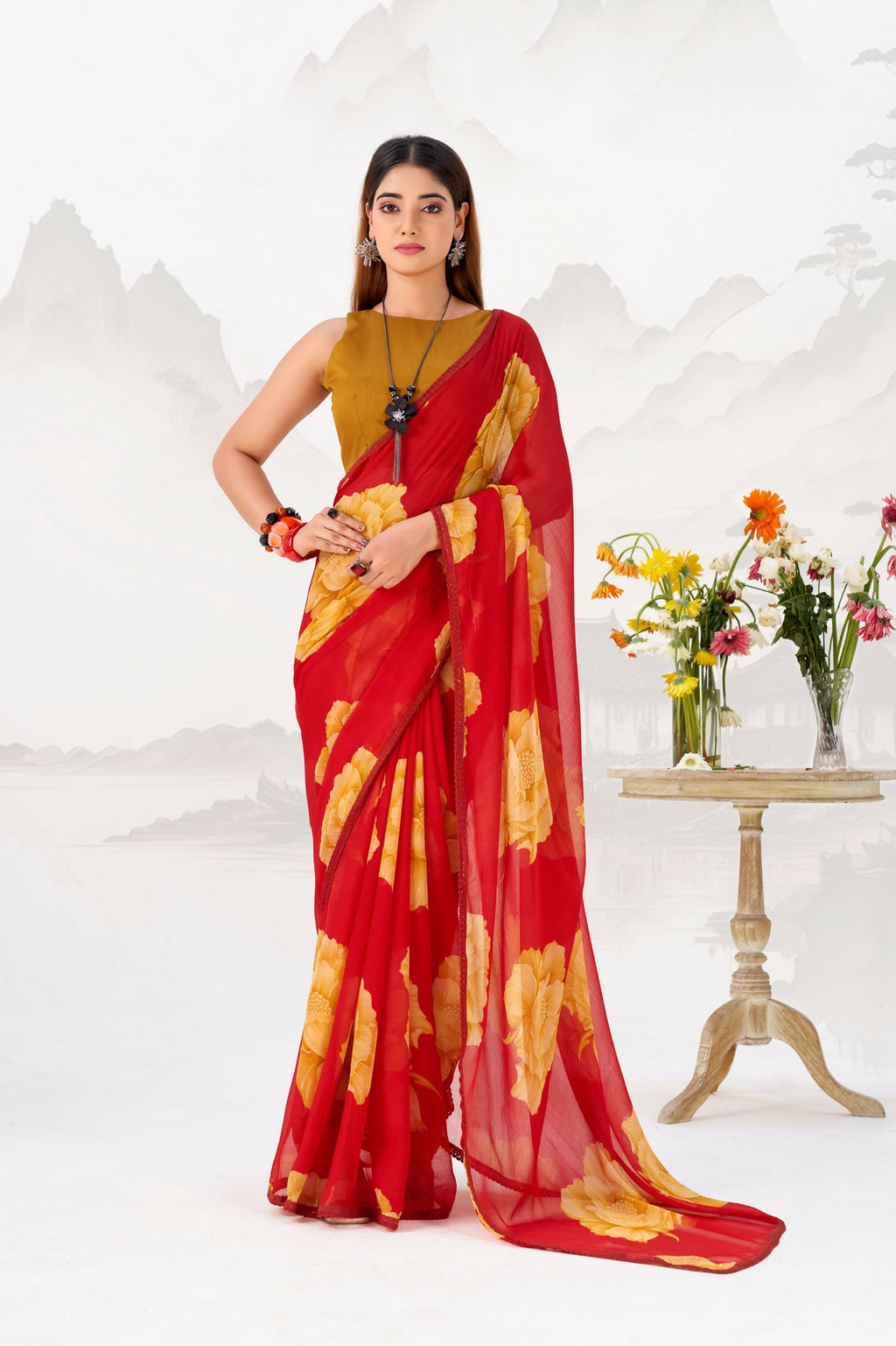 Vastranavya Red Floral Print with Lace Border work Chiffon Saree & Unstitched Blouse