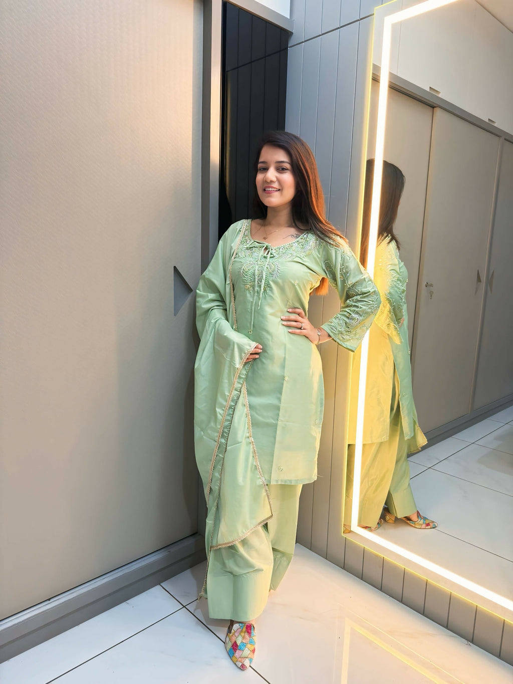 Anaita Green Crape Readymade Kurti Set with Beads Sequence Work