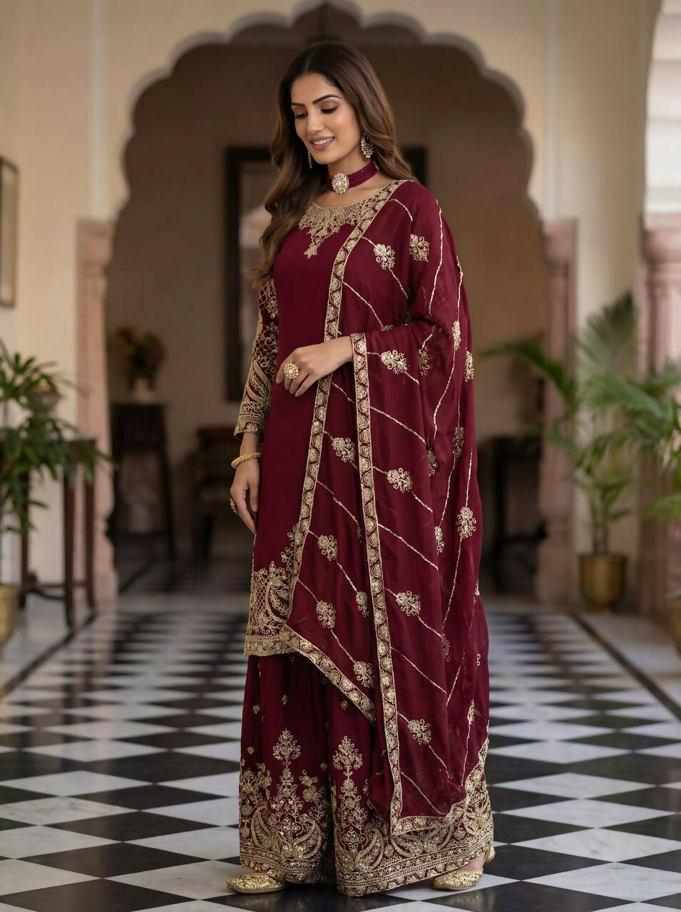 Joban Fashion Maroon Silk Embroidered Sharara Set