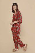 Breathables Women’S Loungewear Kaftan Cotton Red Geometric Print Co-Ord Set