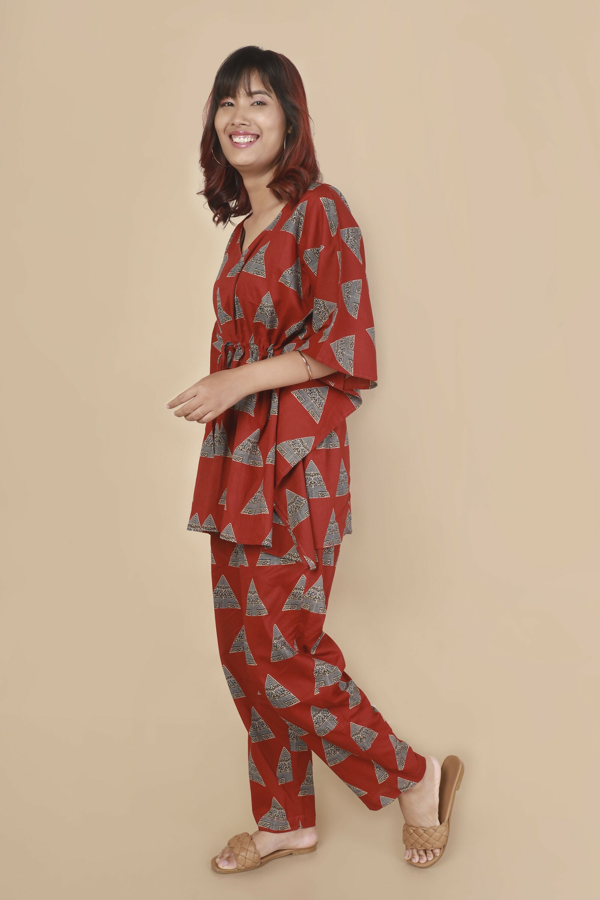 Breathables Women’S Loungewear Kaftan Cotton Red Geometric Print Co-Ord Set