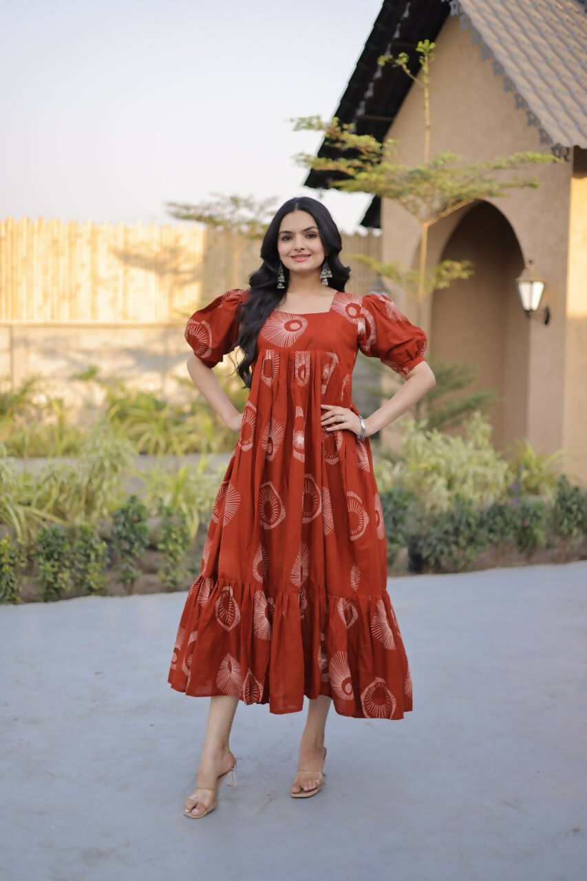 Teeya Creation Womens New Trendy Summer War Printed Cotton Gown Set-Orange
